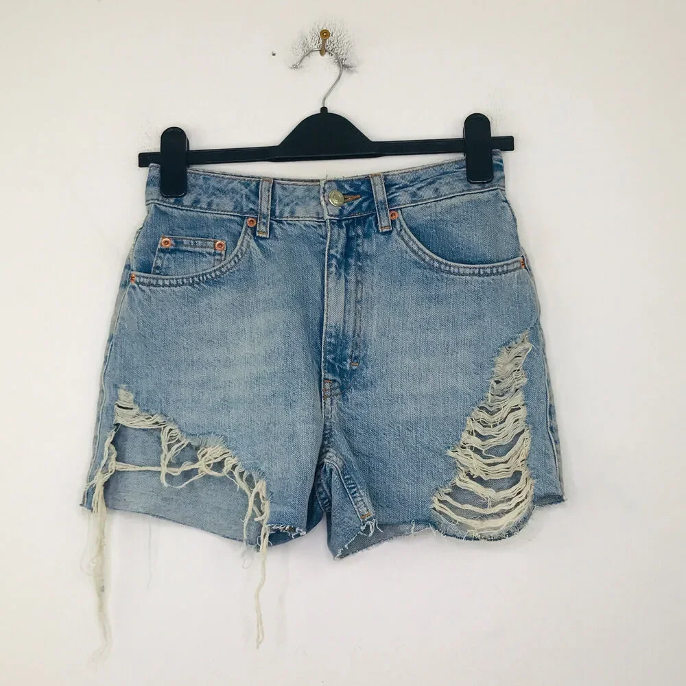 Topshop Women's 2 Denim Shorts Mid Blue A-Line Ripped Mom Medium Wash CC24
